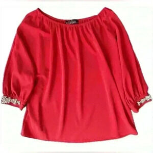 Studio Badgley Mischka Red Embellished Cuffs Blouse (Z15)